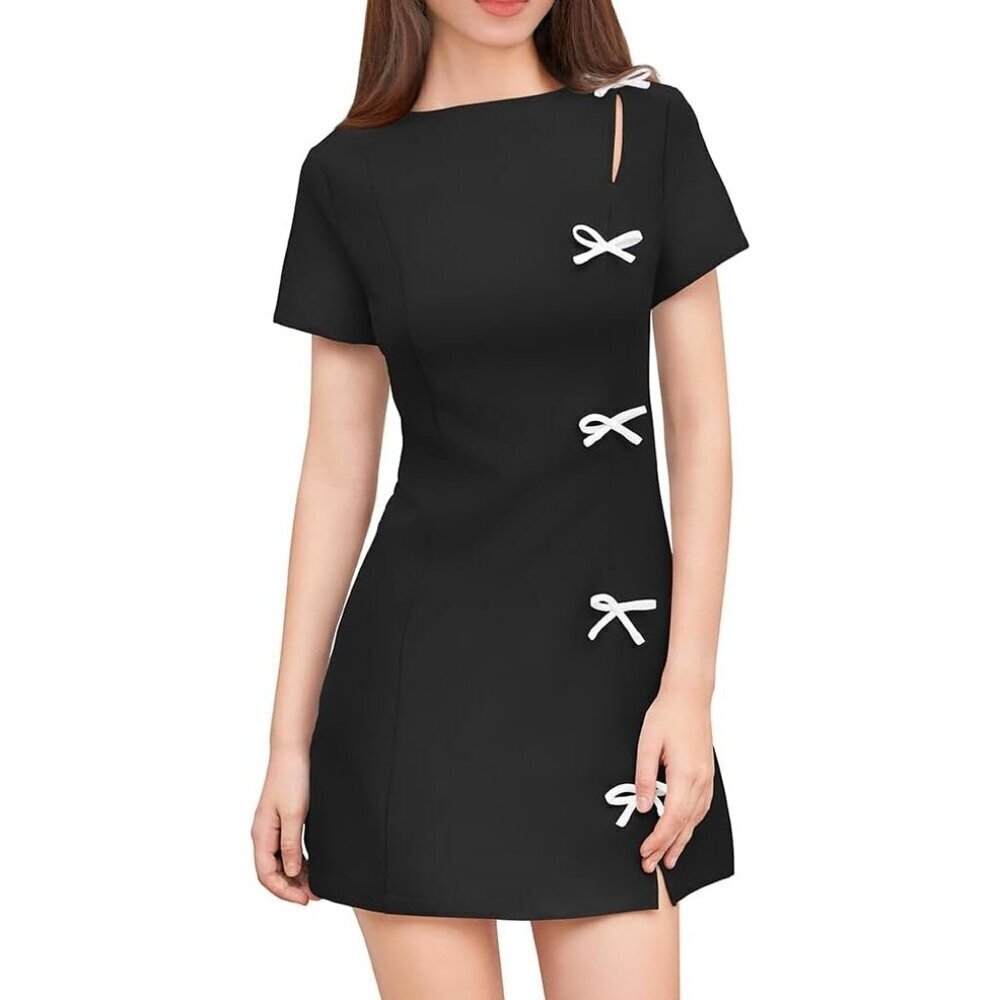 Women Black Short Sleeve Mini Dress with White Bow Details Elegant Party Outfit